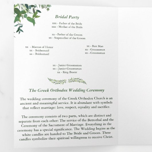 Grieks-orthodox huwelijksprogramma drievoudig drieluik uitnodiging (Binnenzijde eerst)