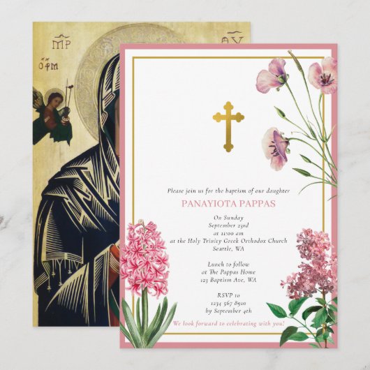 Grieks-orthodoxe Christening Baptisme Roze Floral Kaart (Voorkant / Achterkant)