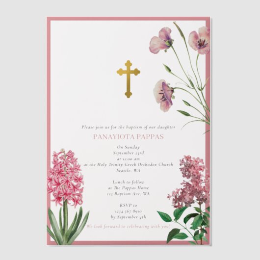 Grieks-orthodoxe Christening Baptisme Roze Floral Vellum Uitnodigingen (Voorkant)