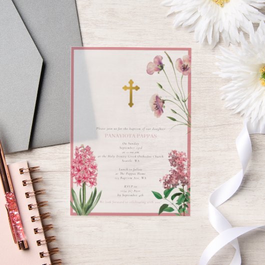 Grieks-orthodoxe Christening Baptisme Roze Floral Vellum Uitnodigingen (Huwelijk)