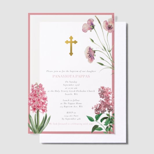Grieks-orthodoxe Christening Baptisme Roze Floral Vellum Uitnodigingen (Offset)