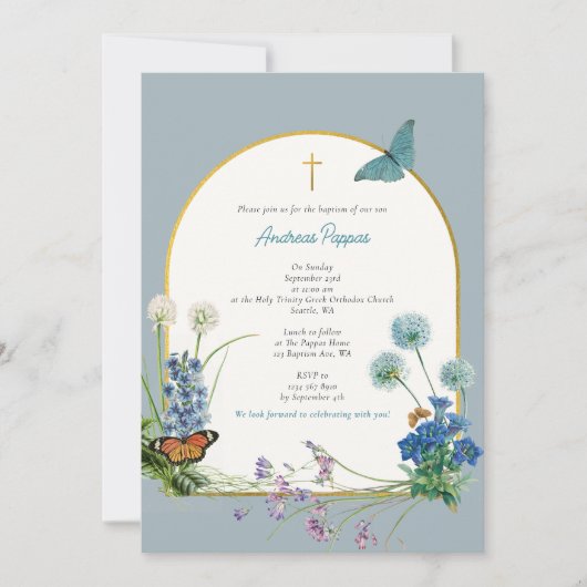 Grieks-orthodoxe doop Blauwe Wildflower Kaart (Voorkant)