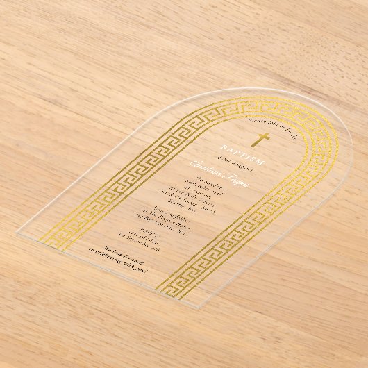 Grieks-orthodoxe doop Gouden Griekse sleutel Acryl Uitnodigingen (Laagn)