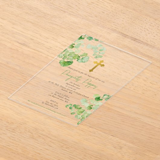 Grieks-orthodoxe doop groen acryl uitnodigingen (Laagn)