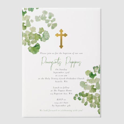 Grieks-orthodoxe doop groen vellum uitnodigingen (Voorkant)