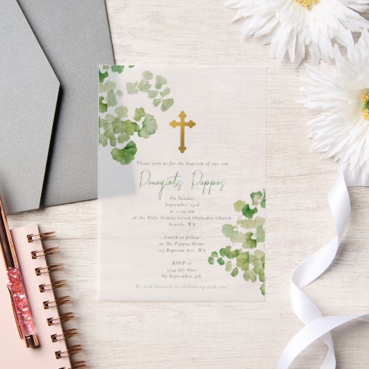 Grieks-orthodoxe doop groen vellum uitnodigingen (Huwelijk)