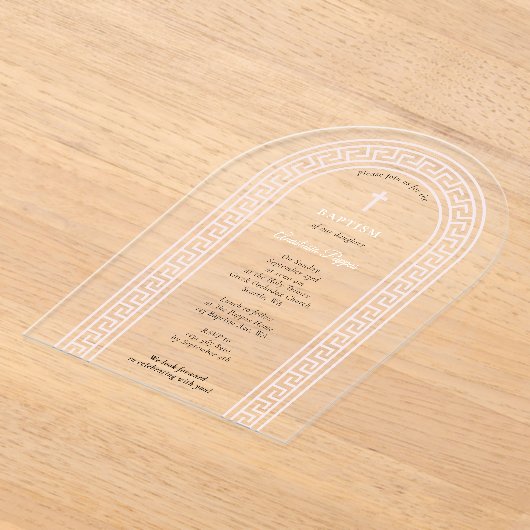 Grieks-orthodoxe doop Roze Griekse sleutel Acryl Uitnodigingen (Laagn)