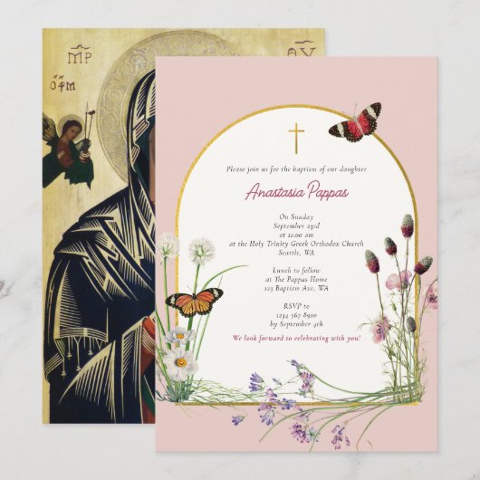 Grieks-orthodoxe doop roze wilde bloem kaart (Voorkant / Achterkant)