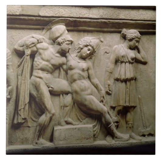 Grieks Sarcophagus met een scène die de slag toont Tegeltje (Voorkant)