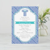 Grieks sleutel & blauwe kolom bruiloft vrijgezelle kaart (Staand voorkant)