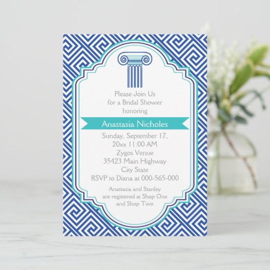 Grieks sleutel & blauwe kolom bruiloft vrijgezelle kaart (Staand voorkant)