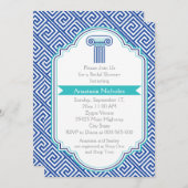 Grieks sleutel & blauwe kolom bruiloft vrijgezelle kaart (Voorkant / Achterkant)