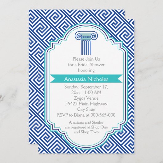 Grieks sleutel & blauwe kolom bruiloft vrijgezelle kaart (Voorkant / Achterkant)