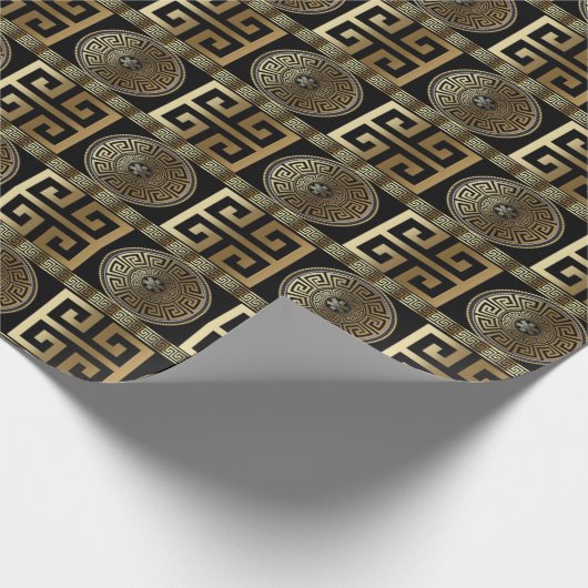 Grieks Sleutel Goud op Zwart Geometrisch Cadeaupapier (Hoek)