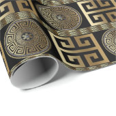 Grieks Sleutel Goud op Zwart Geometrisch Cadeaupapier (Rol Hoek)