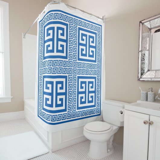 Grieks sleutelpatroon blauw en wit douchegordijn (In situ)