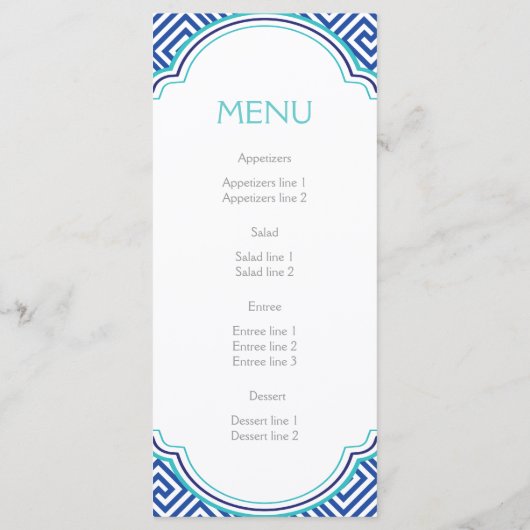 Grieks sleutelpatroon & blauwe kolom trouwkaart menu (Achterkant)