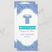 Grieks sleutelpatroon & blauwe kolom trouwkaart menu (Voorkant / Achterkant)