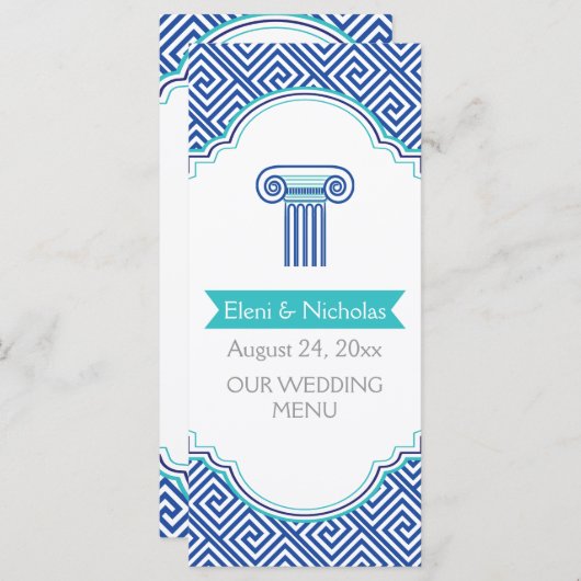 Grieks sleutelpatroon & blauwe kolom trouwkaart menu (Voorkant / Achterkant)