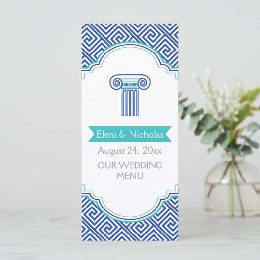 Grieks sleutelpatroon & blauwe kolom trouwkaart menu (Staand voorkant)