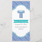 Grieks sleutelpatroon & blauwe kolom trouwkaart menu (Voorkant)