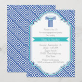 Grieks sleutelpatroon & blauwe kolom verlovingsfee kaart (Voorkant / Achterkant)