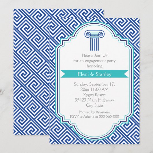 Grieks sleutelpatroon & blauwe kolom verlovingsfee kaart (Voorkant / Achterkant)