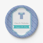 Grieks sleutelpatroon en aqua blauwe kolom bruilof papieren bordje (Voorkant)