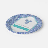 Grieks sleutelpatroon en aqua blauwe kolom bruilof papieren bordje (Gekanteld)