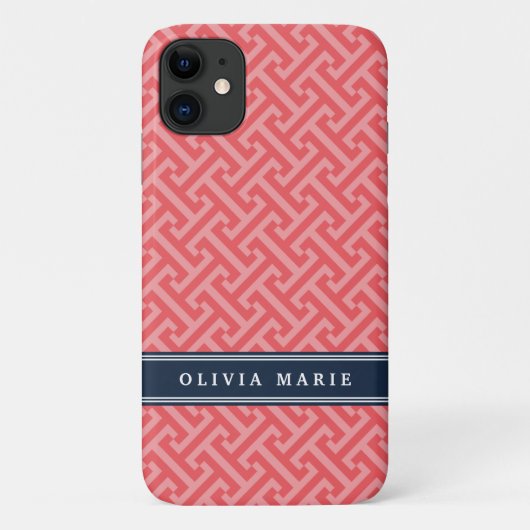 Grieks Sleutelpatroon Roze Wit Grijs met Naam Case-Mate iPhone Case (Achterkant)