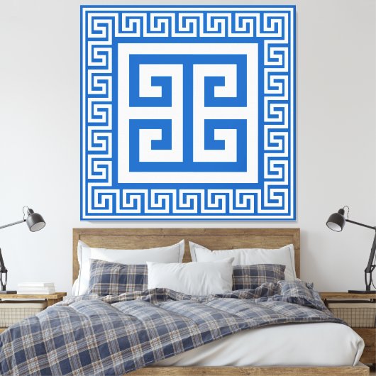 Grieks sleutelpatroon wit en blauw canvas Print (Insitu (Slaapkamer))