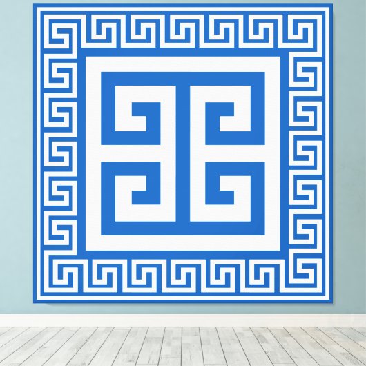 Grieks sleutelpatroon wit en blauw canvas Print (Insitu (Houten vloer))
