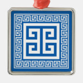 Grieks sleutelpatroon wit en blauw metaal Ornament (Voorkant)