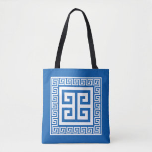 Grieks sleutelpatroon wit en blauw ontwerp tote bag