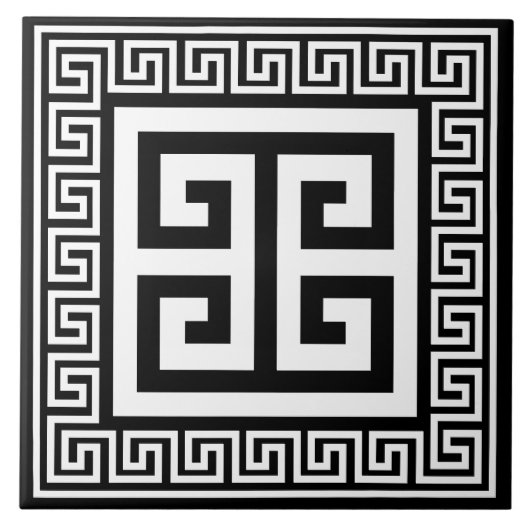 Grieks sleutelpatroon wit op zwart ontwerp tegeltje (Voorkant)