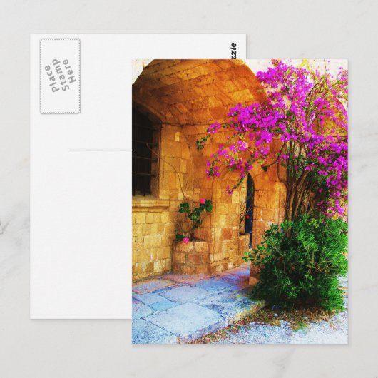Grieks stenen huis - oude houten deur Bougainville Briefkaart (Voorkant / Achterkant)