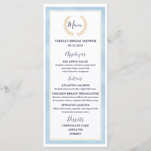 Grieks Toga Bridal Baby shower Wedding Menu (Voorkant)