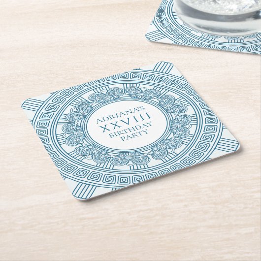 Grieks toga verjaardagsfeestje met blauwe elemente kartonnen onderzetters (Schuin)