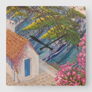 Grieks Vakantie Blauw en Roze Vierkante Klok