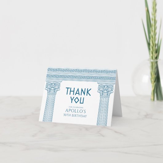 Grieks Verjaardagsfeest met blauwe kolommen Dank U Bedankkaart (Voorkant)