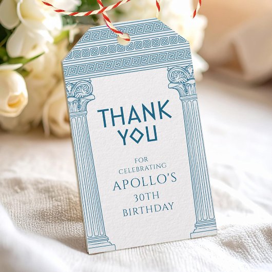 Grieks Verjaardagsfeest met blauwe kolommen Dank U Cadeaulabel