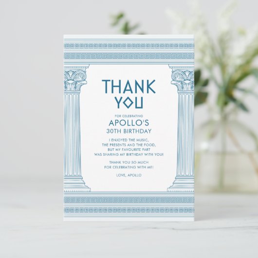 Grieks Verjaardagsfeest met blauwe tempel Bedankkaart (Staand voorkant)