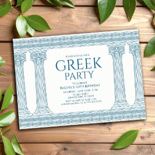 Grieks Verjaardagsfeest met elegante blauwe kolomm Kaart