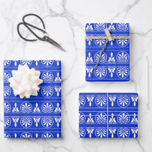 Griekse Arabesk Mediterraan Patroon Blauw Inpakpapier Vel