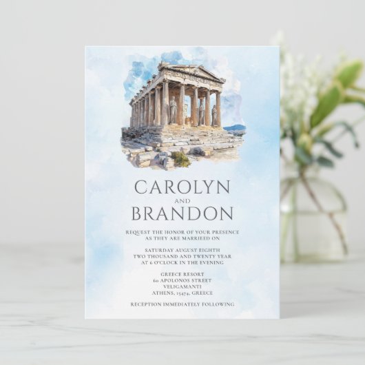 Griekse bestemming bruiloft uitnodiging met QR-cod (Staand voorkant)