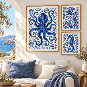 Griekse Blauwe Octopus Kust Kunstprint Poster