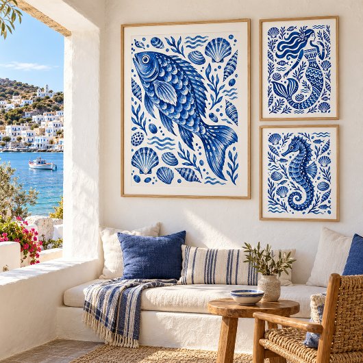 Griekse Blauwe Vis Kust Kunstprint Poster