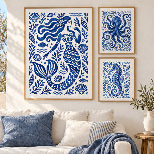 Griekse Blauwe Zeemeermin Kust Kunstprint Poster