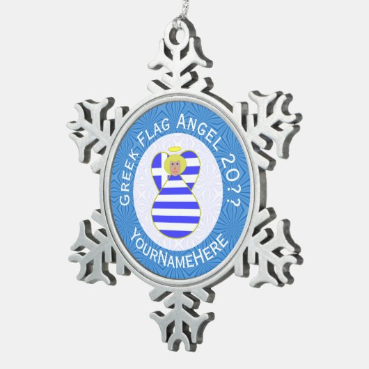 Griekse Blonde Engel Chanoeka Vlag Gepersonaliseer Tin Sneeuwvlok Ornament (Rechts)