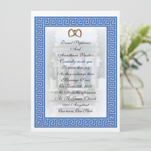 Griekse bruiloft Uitnodiging Blauwe Sleutel elegan (Staand voorkant)